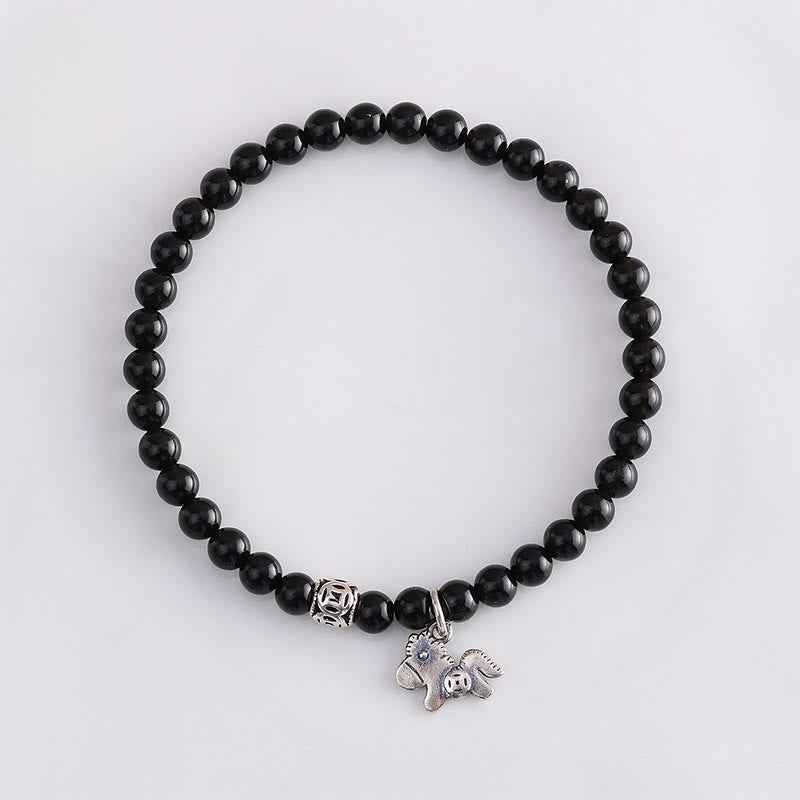 Fortune Jewel Year Of The Horse 925 Sterling Silver Natural Black Obsidian Strength Bracelet
