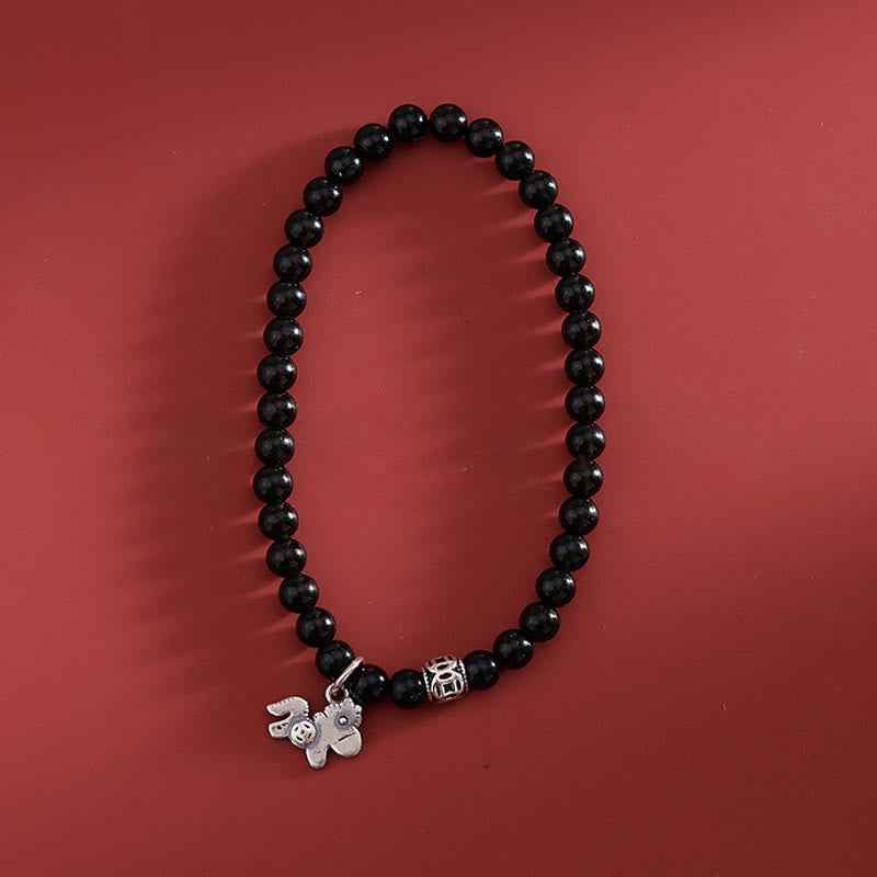 Fortune Jewel Year Of The Horse 925 Sterling Silver Natural Black Obsidian Strength Bracelet