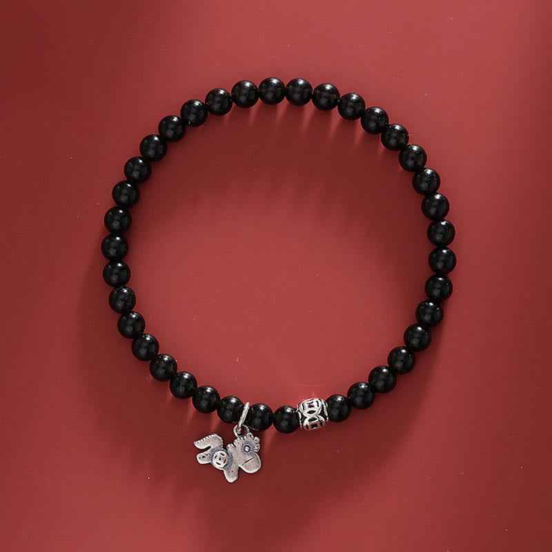 Fortune Jewel Year Of The Horse 925 Sterling Silver Natural Black Obsidian Strength Bracelet