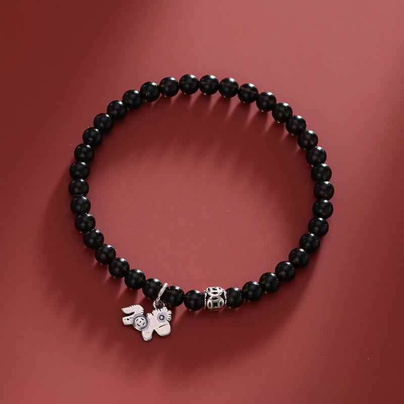 Fortune Jewel Year Of The Horse 925 Sterling Silver Natural Black Obsidian Strength Bracelet