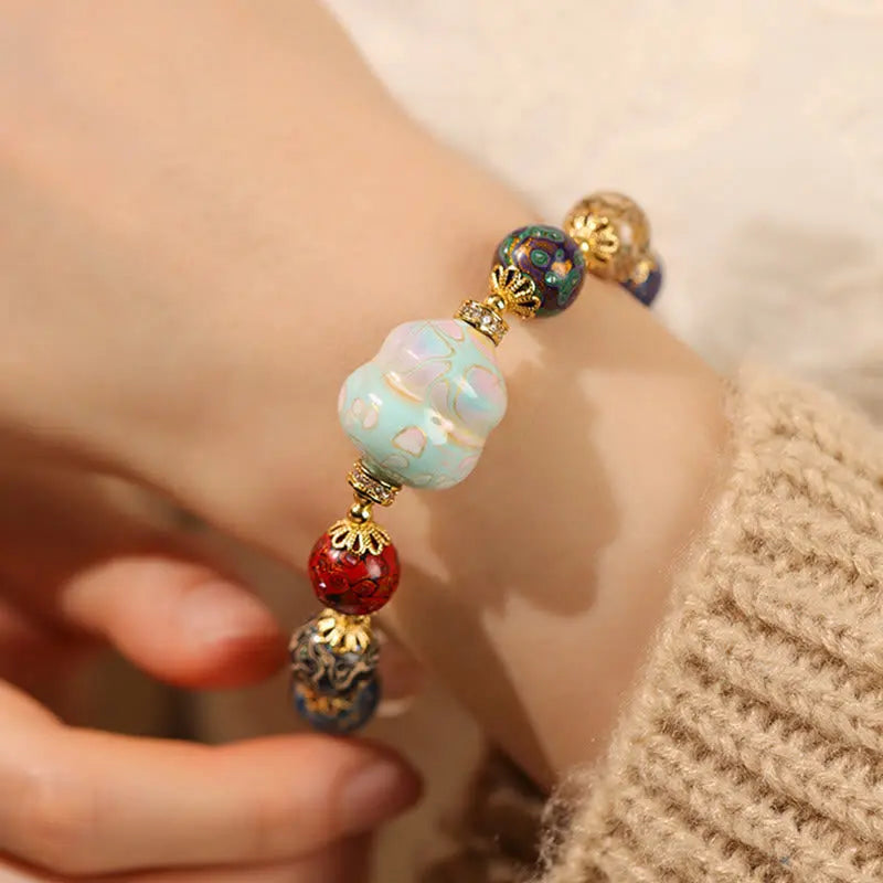 Fortune Jewel Colorful Liuli Glass Sandalwood Gourd Bead Lacquer Craft Bracelet Fortune Jewel