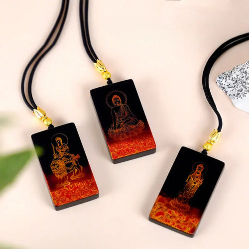 Buddha Stones Chinese Zodiac Natal Buddha Fu Character Lacquer Craft Sandalwood Pendant Necklace Fortune Jewel