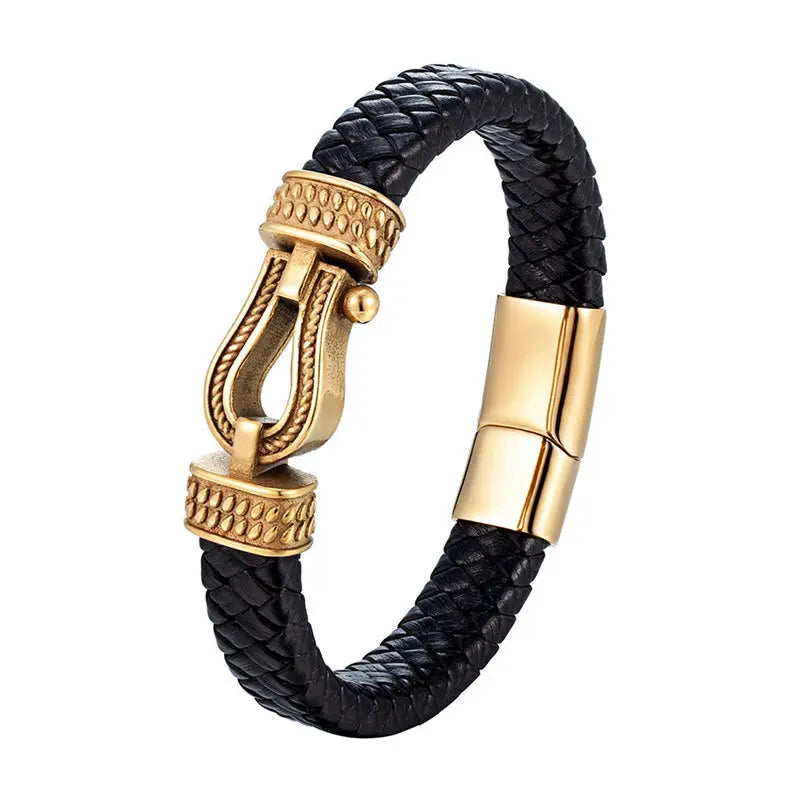 Fortune Jewel Leather horseshoe-Shaped Titanium Steel Balance Braided Magnetic Buckle Bracelet Fortune Jewel