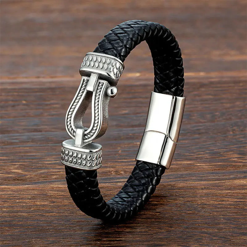 Fortune Jewel Leather horseshoe-Shaped Titanium Steel Balance Braided Magnetic Buckle Bracelet Fortune Jewel