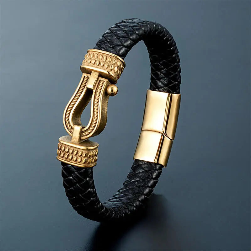 Fortune Jewel Leather horseshoe-Shaped Titanium Steel Balance Braided Magnetic Buckle Bracelet Fortune Jewel