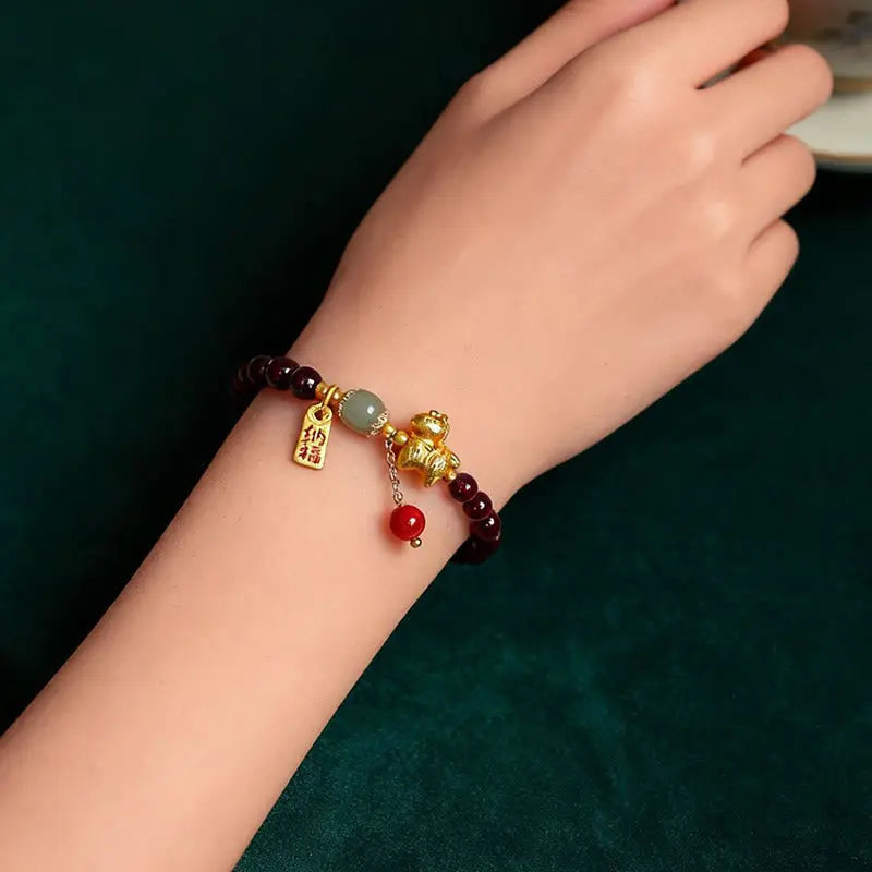 Fortune Jewel Year Of The Horse Garnet Fu Character Lucky Fortune Charm Protection Bracelet Fortune Jewel