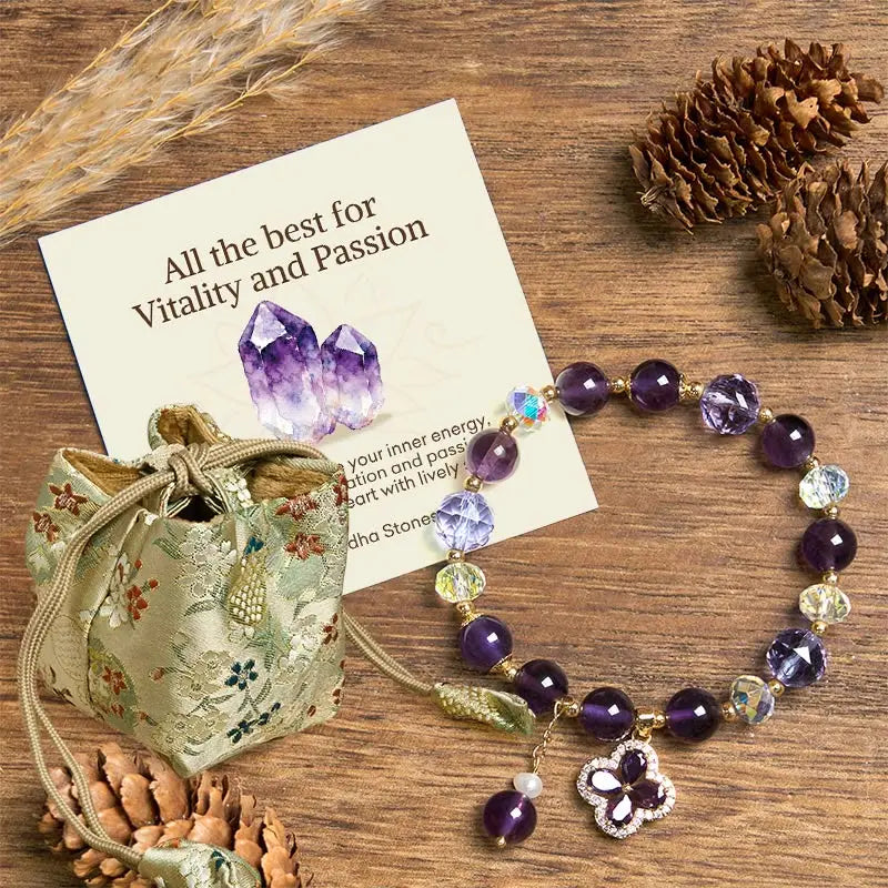 Buddha Stones "All the best for Calm and Wisdom" Amethyst Flower Bracelet Includes Gift Message Card Fortune Jewel