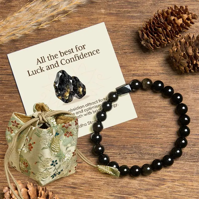 Buddha Stones "All the best for Luck and Confidence" Obsidian Bracelet Includes Gift Message Card Fortune Jewel