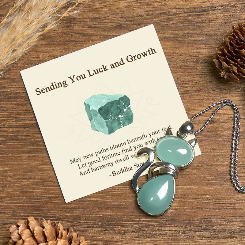 Buddha Stones "Sending You Luck and Growth" Cat Green Aventurine Necklace Includes Gift Message Card Fortune Jewel