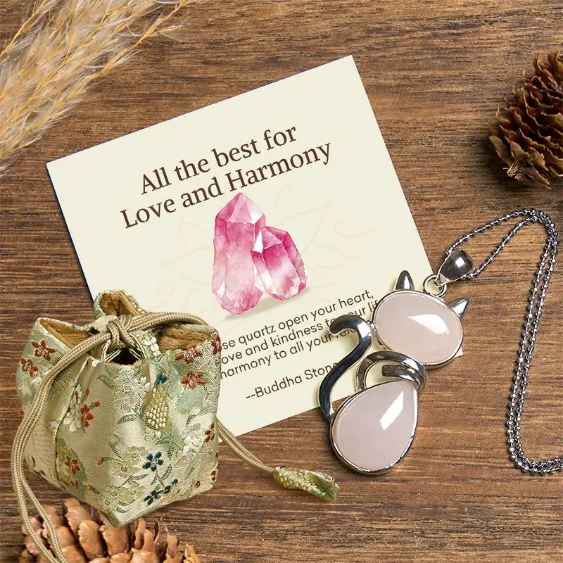Buddha Stones "Wishing You Love and Kindness" Cat Rose Quartz Necklace Includes Gift Message Card Fortune Jewel