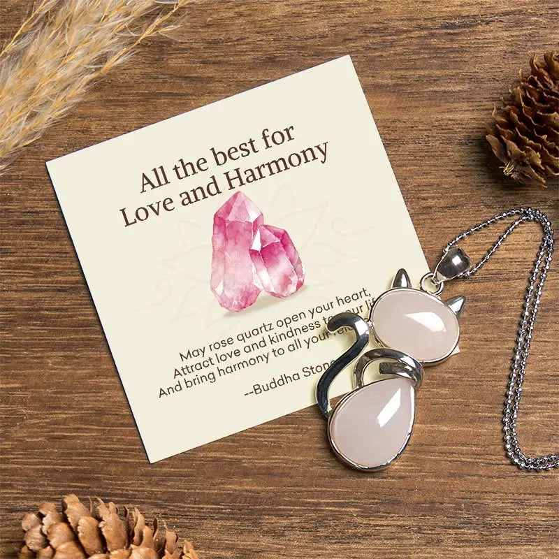 Buddha Stones "Wishing You Love and Kindness" Cat Rose Quartz Necklace Includes Gift Message Card Fortune Jewel