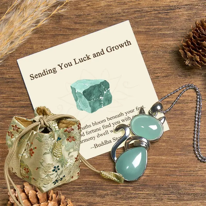 Buddha Stones "Sending You Luck and Growth" Cat Green Aventurine Necklace Includes Gift Message Card Fortune Jewel