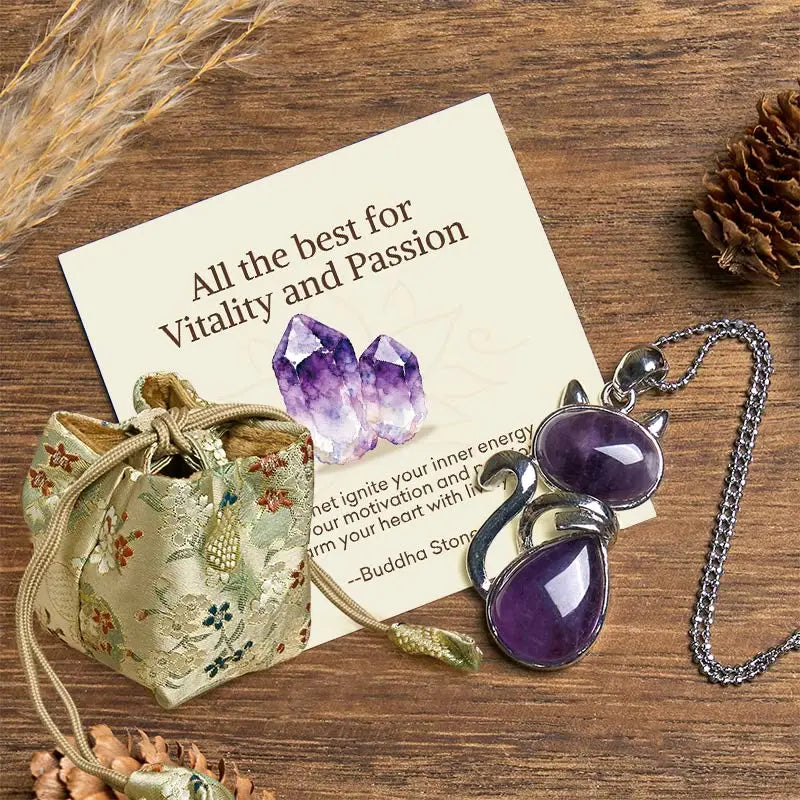 Fortune Jewel "All the best for Calm and Wisdom" Cat Amethyst Necklace Includes Gift Message Card Fortune Jewel