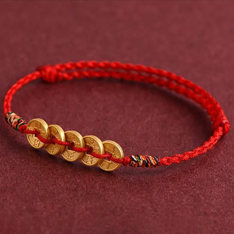 Fortune Jewel Five Copper Coins Design Braided String Protection Bracelet Anklet - Fortune Jewel