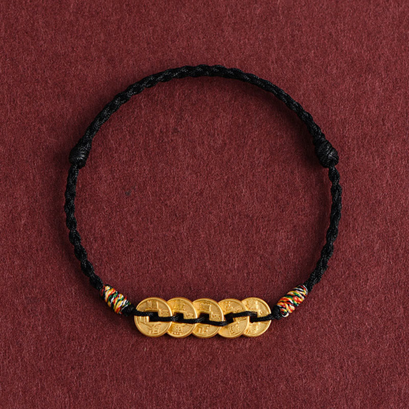Fortune Jewel Five Copper Coins Design Braided String Protection Bracelet Anklet - Fortune Jewel