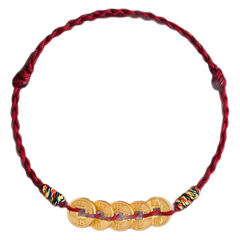 Fortune Jewel Five Copper Coins Design Braided String Protection Bracelet Anklet - Fortune Jewel