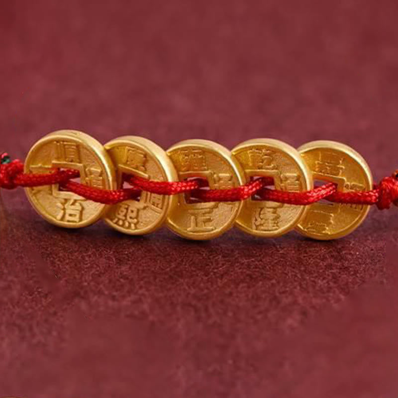 Fortune Jewel Five Copper Coins Design Braided String Protection Bracelet Anklet - Fortune Jewel