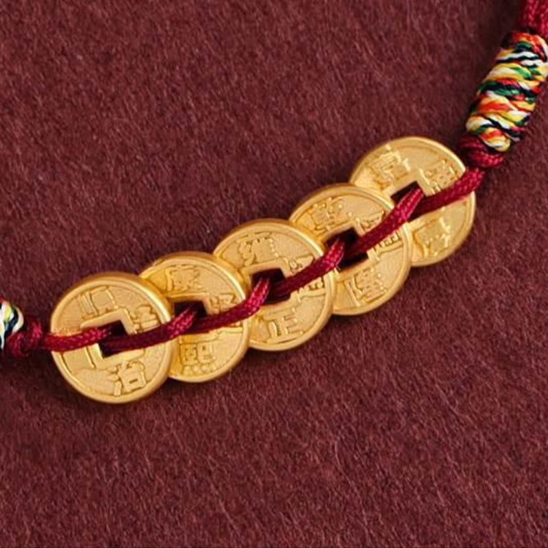 Fortune Jewel Five Copper Coins Design Braided String Protection Bracelet Anklet - Fortune Jewel