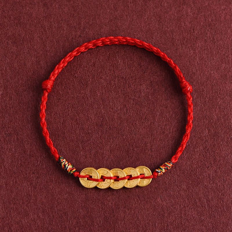 Fortune Jewel Five Copper Coins Design Braided String Protection Bracelet Anklet - Fortune Jewel