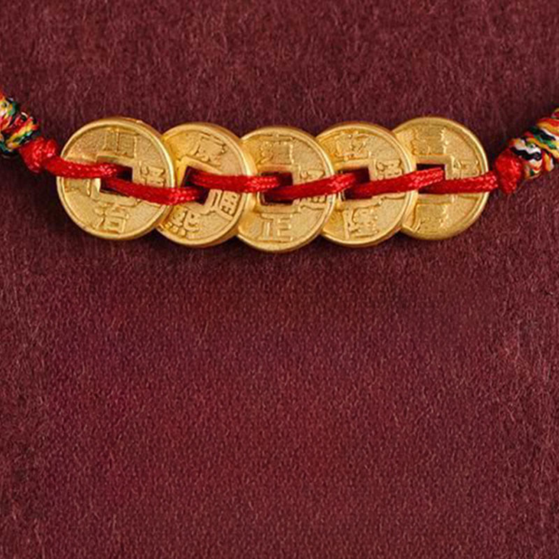 Fortune Jewel Five Copper Coins Design Braided String Protection Bracelet Anklet - Fortune Jewel