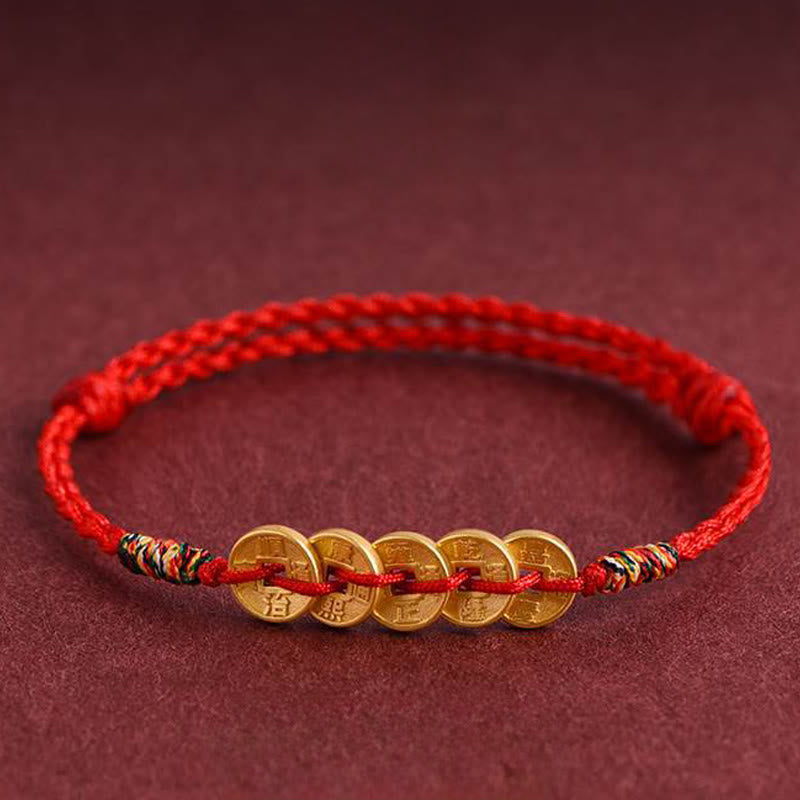 Fortune Jewel Five Copper Coins Design Braided String Protection Bracelet Anklet - Fortune Jewel