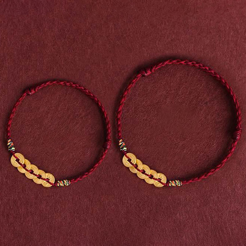 Fortune Jewel Five Copper Coins Design Braided String Protection Bracelet Anklet - Fortune Jewel