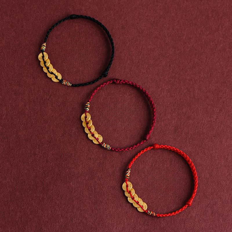 Fortune Jewel Five Copper Coins Design Braided String Protection Bracelet Anklet - Fortune Jewel