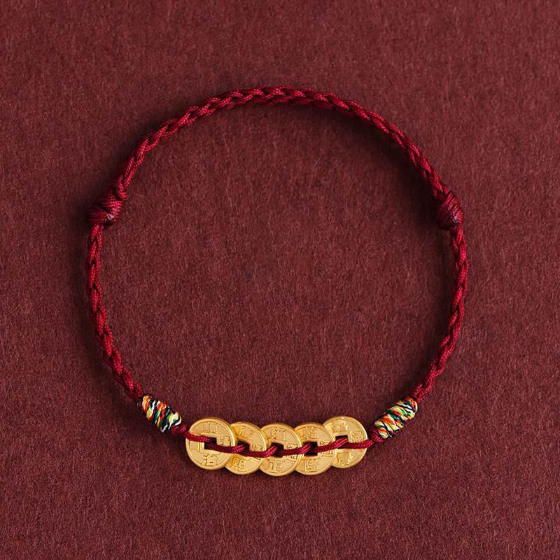 Fortune Jewel Five Copper Coins Design Braided String Protection Bracelet Anklet - Fortune Jewel