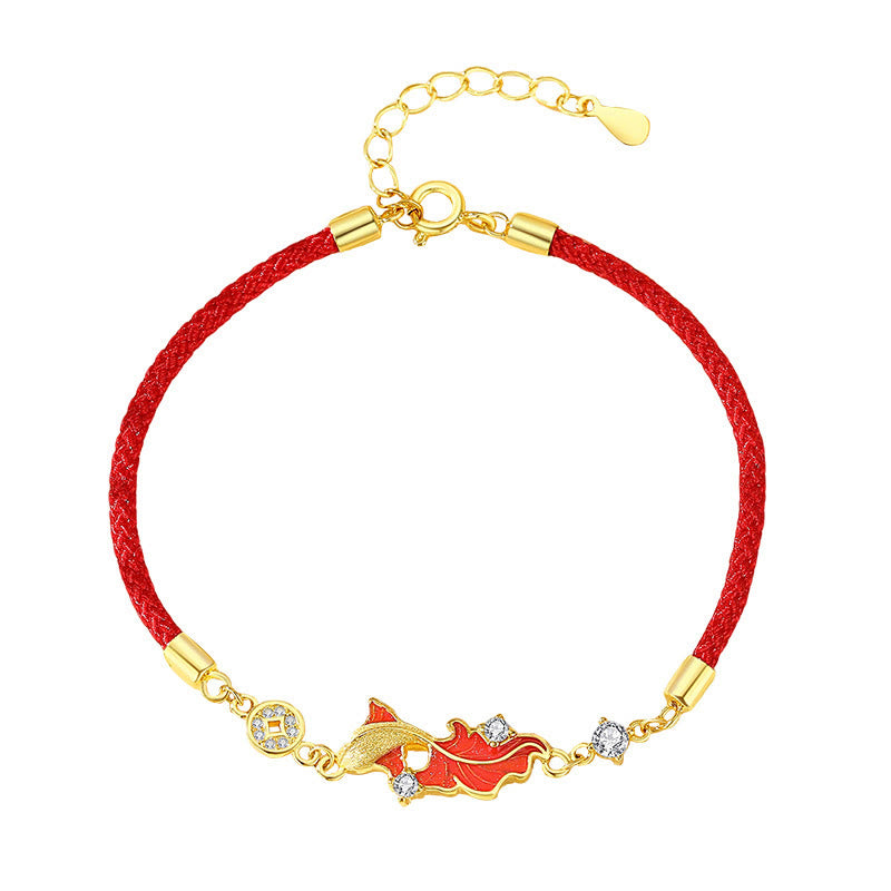 Buddha Stones 925 Sterling Silver Koi Fish Design Red String Blessing Bracelet - Fortune Jewel