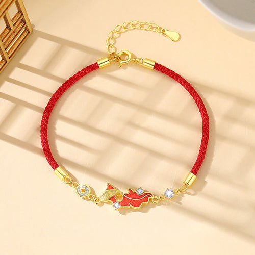 Buddha Stones 925 Sterling Silver Koi Fish Design Red String Blessing Bracelet - Fortune Jewel