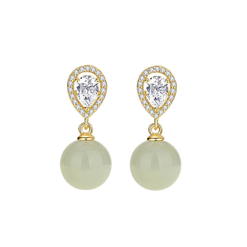 Buddha Stones 925 Sterling Silver Waterdrop Design Hetian Jade Bead Prosperity Earrings - Fortune Jewel