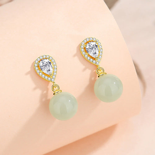 Buddha Stones 925 Sterling Silver Waterdrop Design Hetian Jade Bead Prosperity Earrings - Fortune Jewel