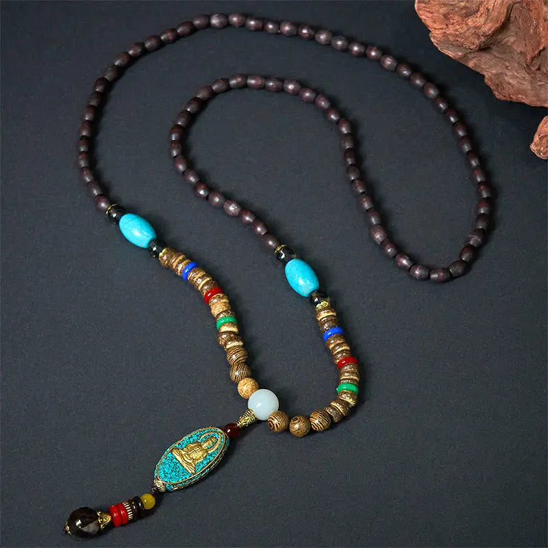 Fortune Jewel Vintage Nepal Avalokitesvara Harmony Coconut Shell Beads Pendant Necklace Fortune Jewel