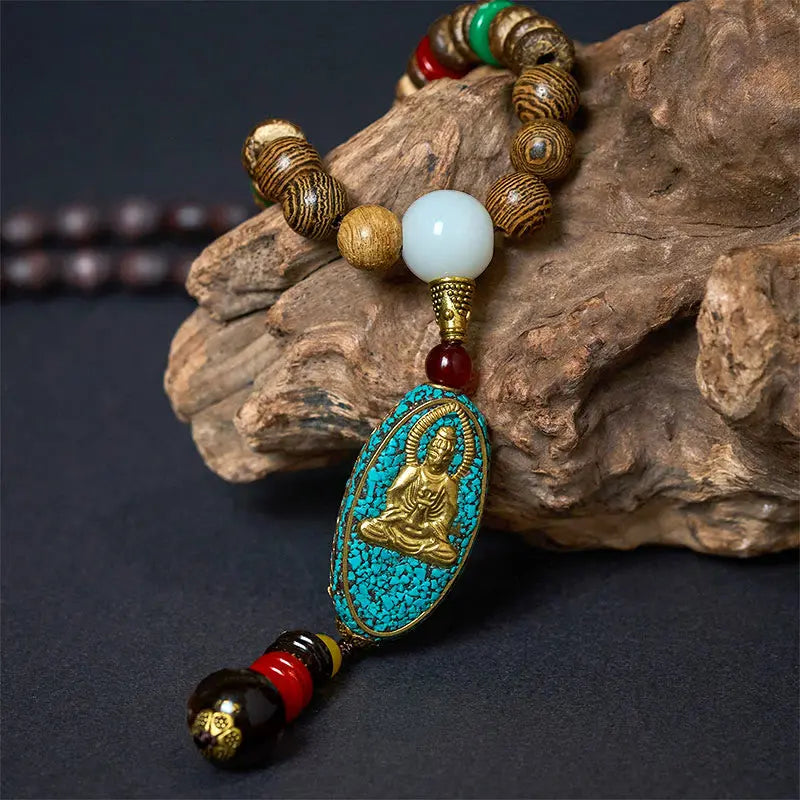 Fortune Jewel Vintage Nepal Avalokitesvara Harmony Coconut Shell Beads Pendant Necklace Fortune Jewel