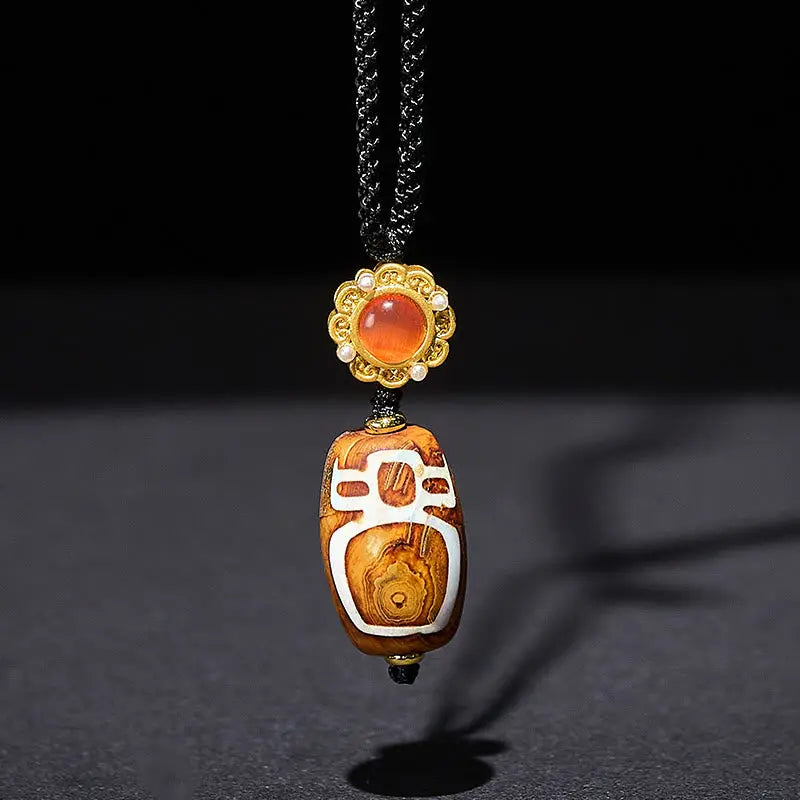 Fortune Jewel Tibetan Agate Carved God of Wealth Nine-eye Dzi Bead Blessing Necklace Pendant Fortune Jewel