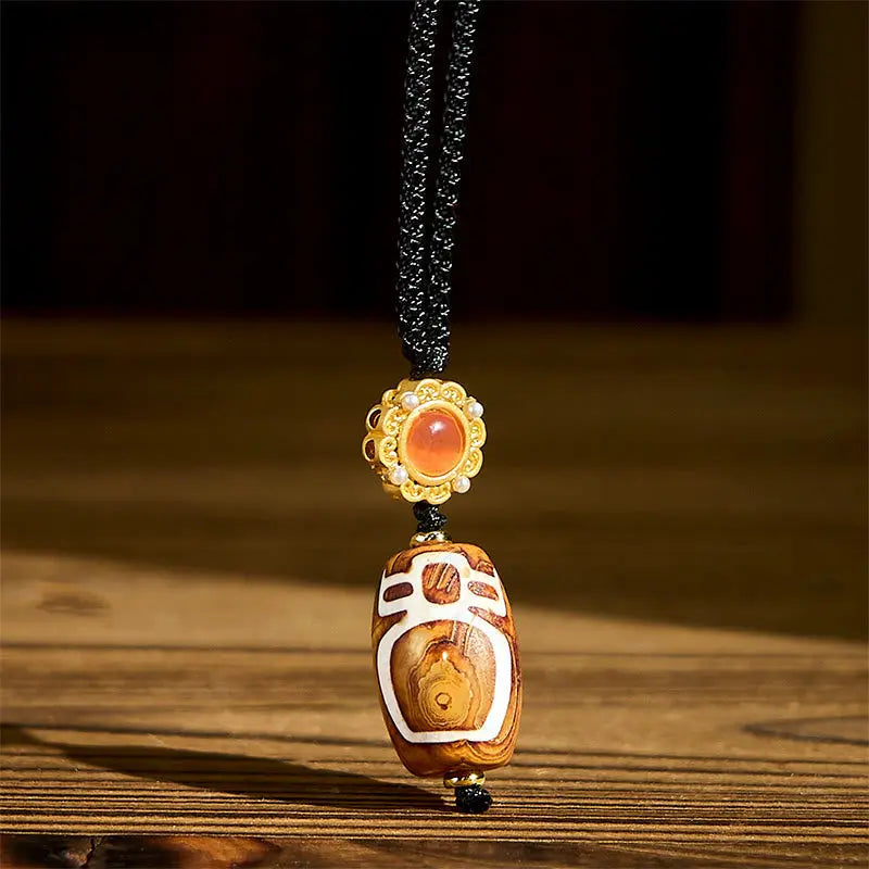 Fortune Jewel Tibetan Agate Carved God of Wealth Nine-eye Dzi Bead Blessing Necklace Pendant Fortune Jewel