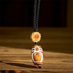 Fortune Jewel Tibetan Agate Carved God of Wealth Nine-eye Dzi Bead Blessing Necklace Pendant Fortune Jewel