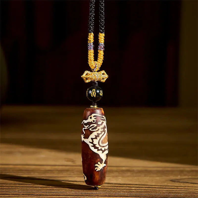 Fortune Jewel Tibetan Agate Dragon Pattern Nine-eye Dzi Protection Necklace Pendant Fortune Jewel