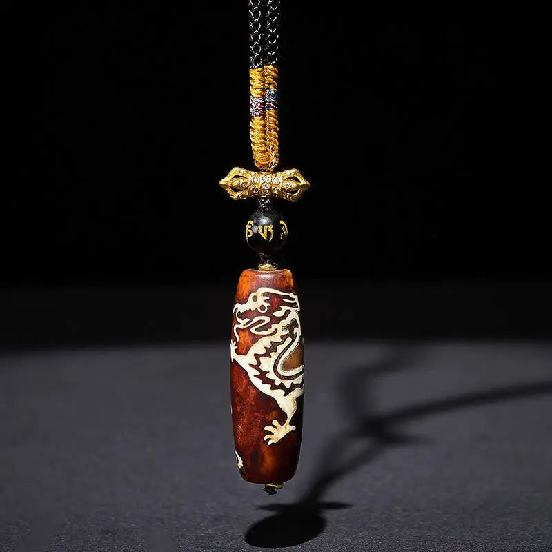 Fortune Jewel Tibetan Agate Dragon Pattern Nine-eye Dzi Protection Necklace Pendant Fortune Jewel