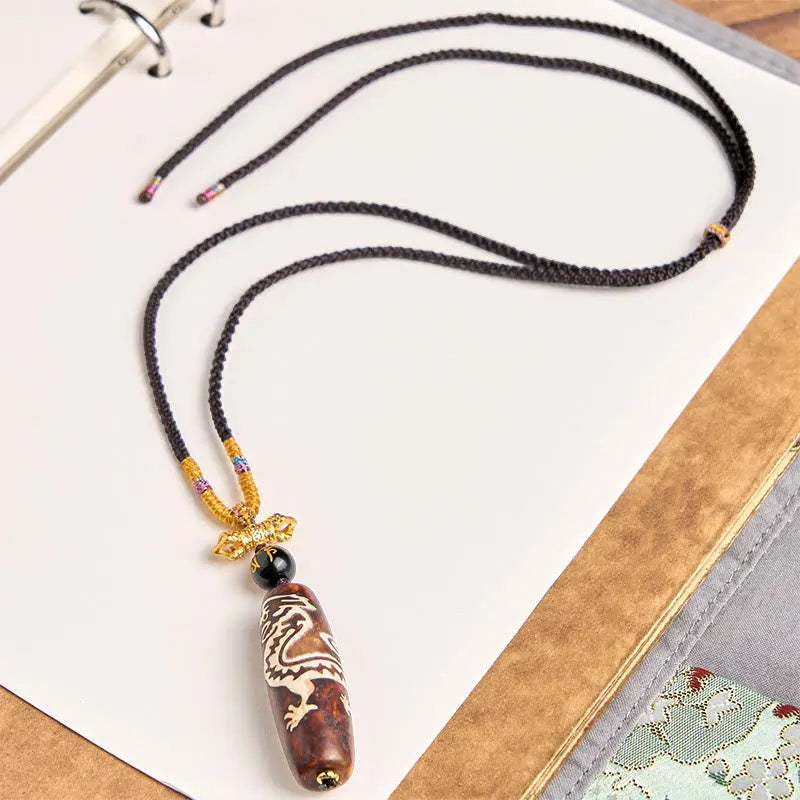 Fortune Jewel Tibetan Agate Dragon Pattern Nine-eye Dzi Protection Necklace Pendant Fortune Jewel