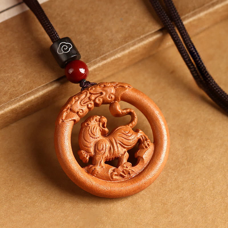Buddha Stones Peach Wood Chinese Zodiac Year Of The Horse Ward Off Evil Spirits Necklace Pendants - Fortune Jewel