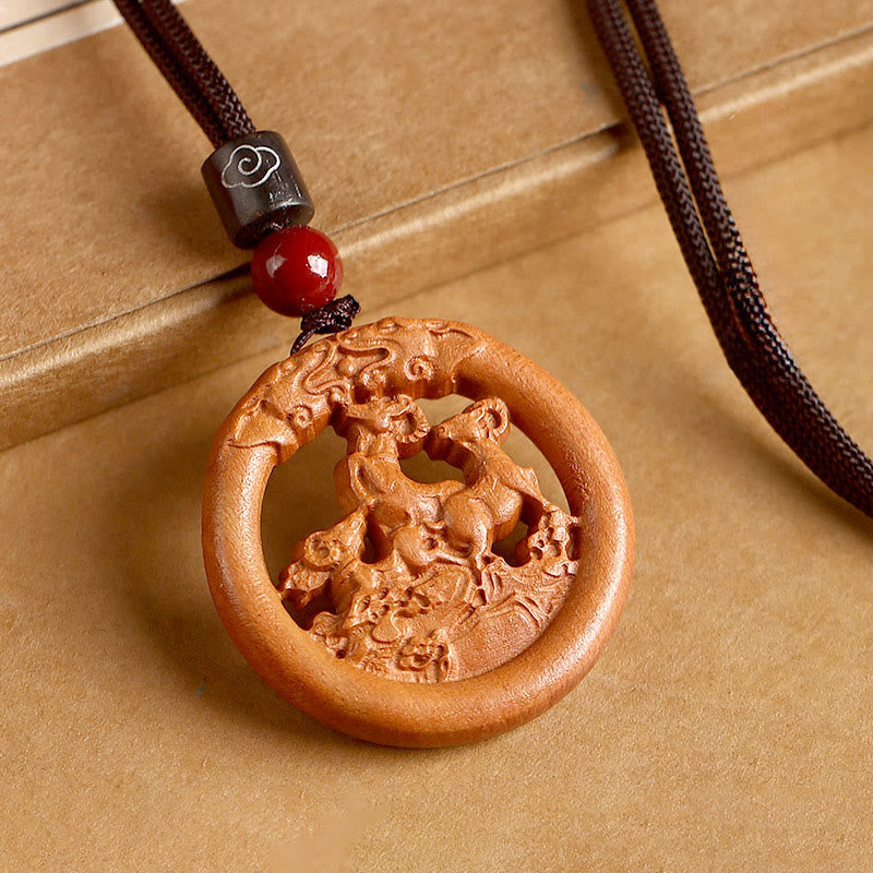 Buddha Stones Peach Wood Chinese Zodiac Year Of The Horse Ward Off Evil Spirits Necklace Pendants - Fortune Jewel