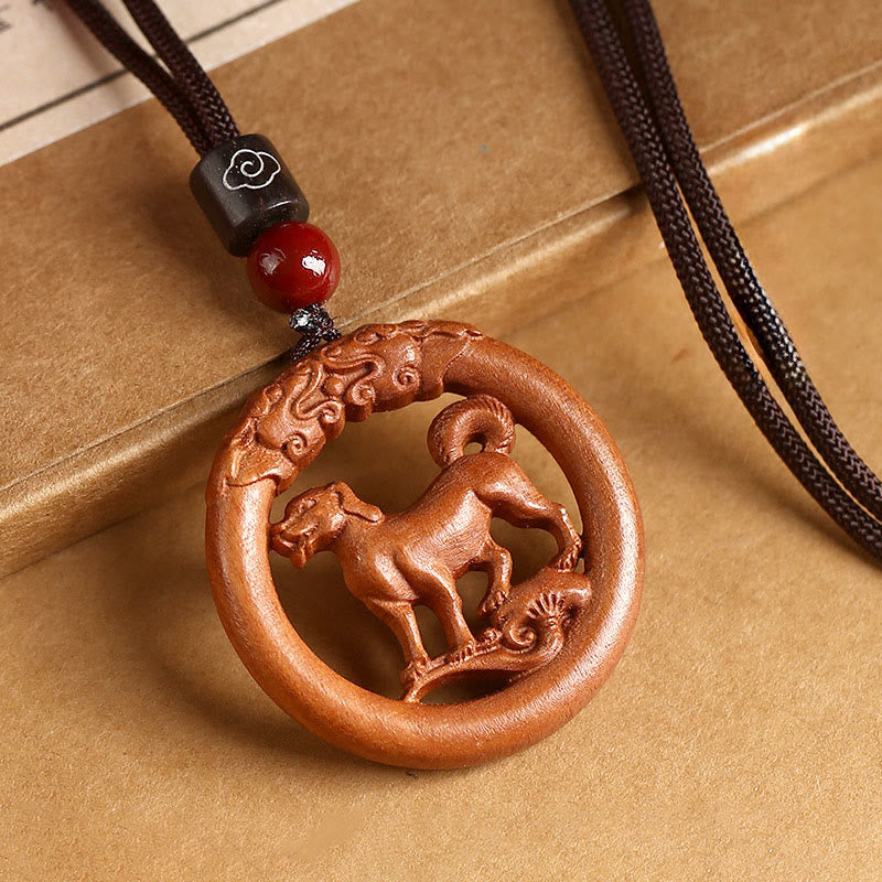Buddha Stones Peach Wood Chinese Zodiac Year Of The Horse Ward Off Evil Spirits Necklace Pendants - Fortune Jewel