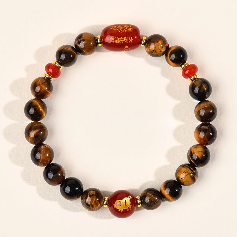 Fortune Jewel 12 Chinese Zodiac Natural Tiger Eye Red Agate Protection Bracelet - Fortune Jewel
