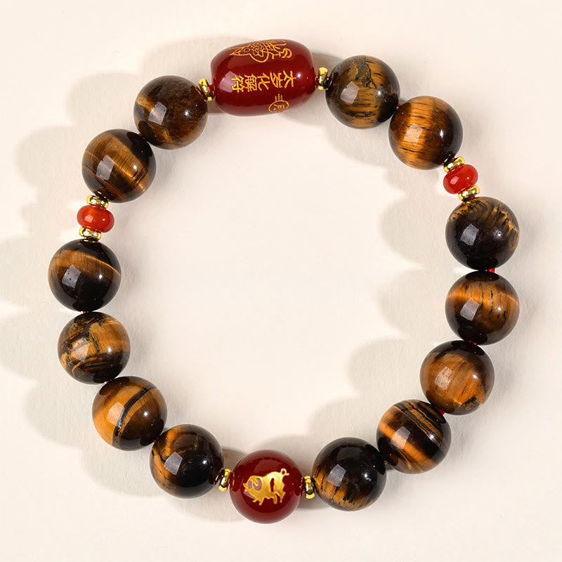 Fortune Jewel 12 Chinese Zodiac Natural Tiger Eye Red Agate Protection Bracelet - Fortune Jewel
