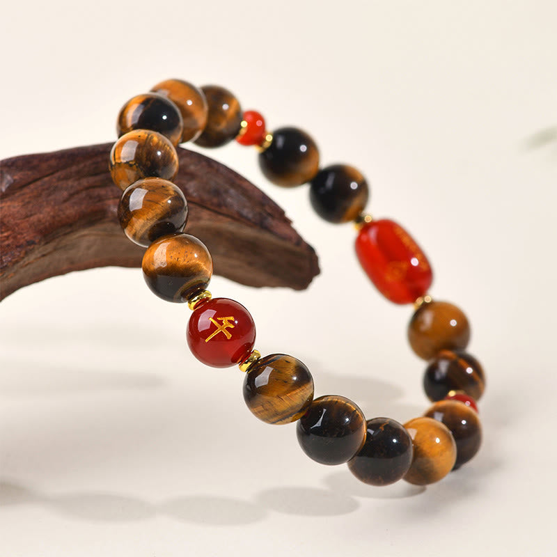 Fortune Jewel 12 Chinese Zodiac Natural Tiger Eye Red Agate Protection Bracelet - Fortune Jewel