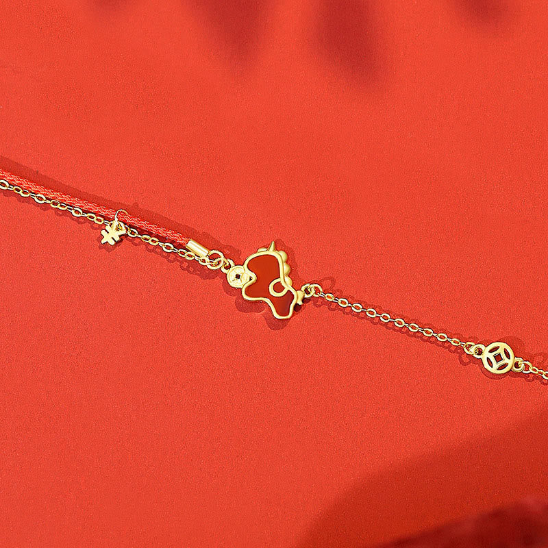 Fortune Jewel 925 Sterling Silver Year Of The Horse Red String Red Agate Coin Charm Luck Bracelet - Fortune Jewel