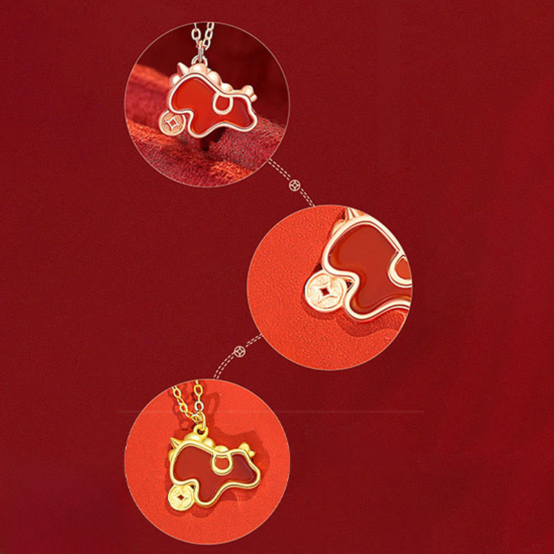 Fortune Jewel 925 Sterling Silver Year Of The Horse Coin Charm Red Agate Blessing Necklace Pendant - Fortune Jewel