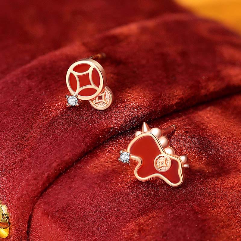 Fortune Jewel 925 Sterling Silver Coin Red Agate Year Of The Horse Asymmetric Protection Earrings - Fortune Jewel