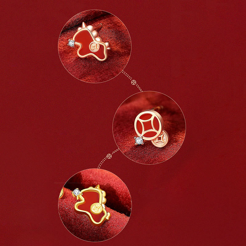 Fortune Jewel 925 Sterling Silver Coin Red Agate Year Of The Horse Asymmetric Protection Earrings - Fortune Jewel